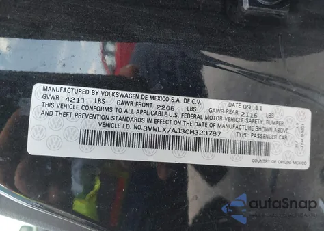 2012 Volkswagen Jetta 2.5L Sel из США, поврежденный, VIN 3VWLX7AJ3CM323787